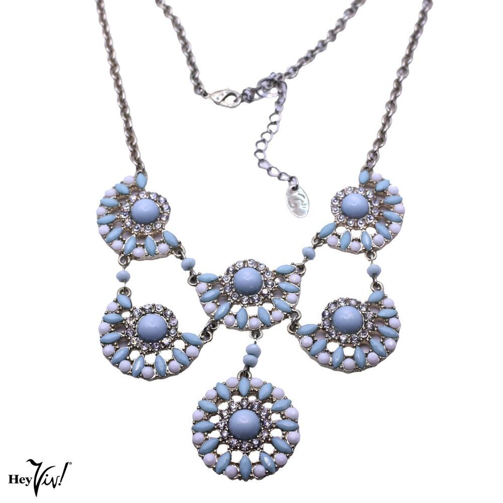 Charming Charlie Blue & White Statement Bib Necklace Rhinestone 20" - Hey Viv